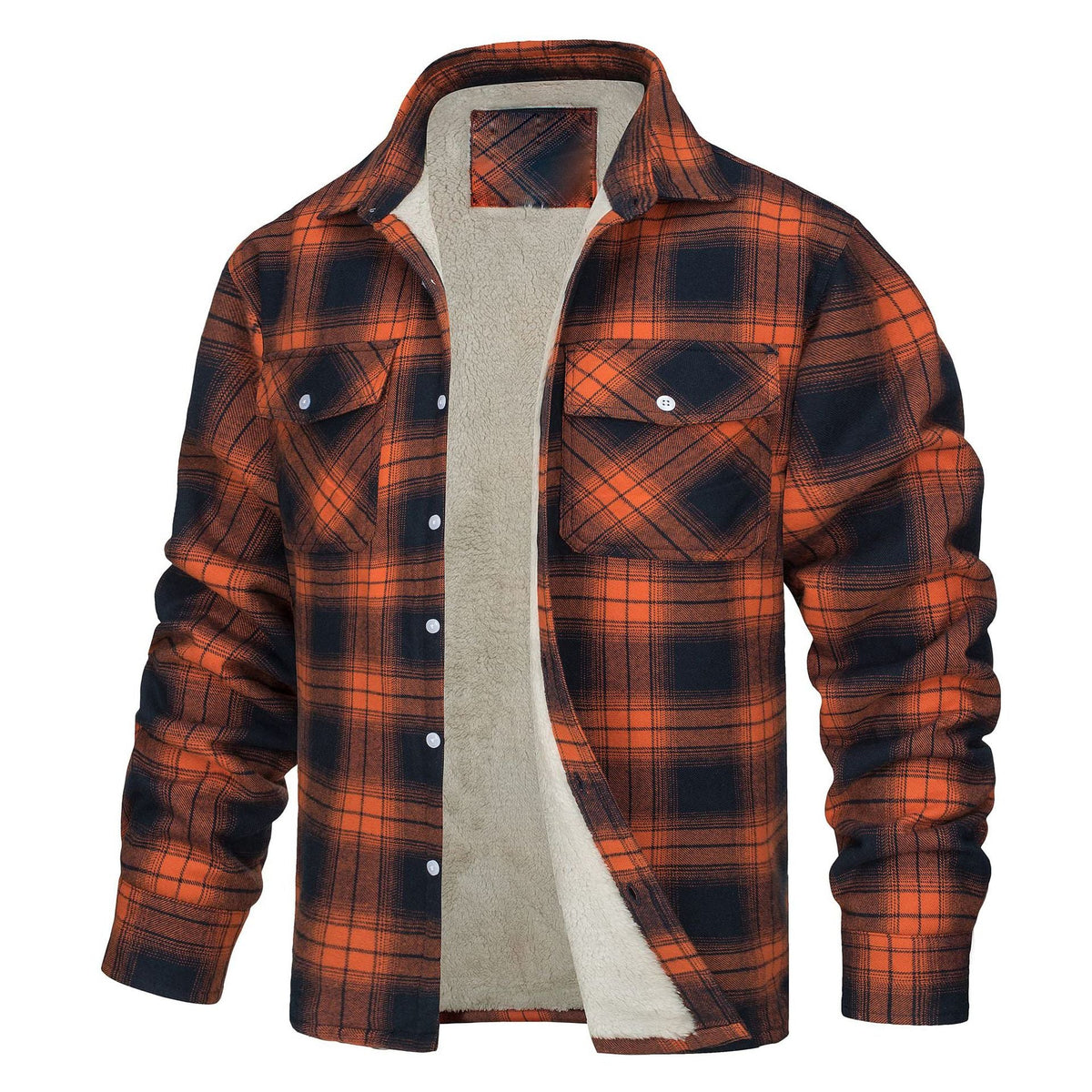 Lincoln | Mens Flannel Plaid Fleece Lined Quilted Winter Shirt Jacket, Orange Fleece Lined