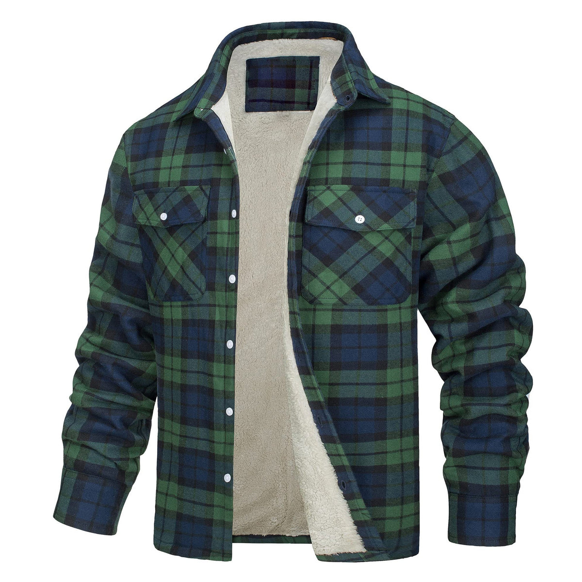 Lincoln | Mens Flannel Plaid Fleece Lined Quilted Winter Shirt Jacket, Green Fleece Lined