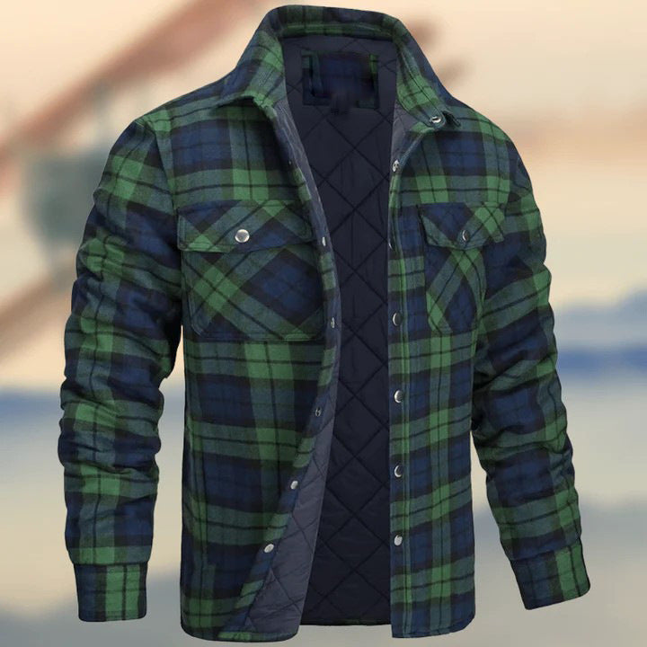 Lincoln | Mens Flannel Plaid Fleece Lined Quilted Winter Shirt Jacket, Green Quilted