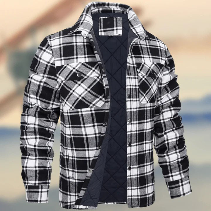 Lincoln | Mens Flannel Plaid Fleece Lined Quilted Winter Shirt Jacket, Black White Quilted