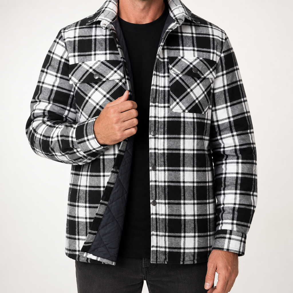 Lincoln | Mens Flannel Plaid Fleece Lined Quilted Winter Shirt Jacket, Black White Quilted