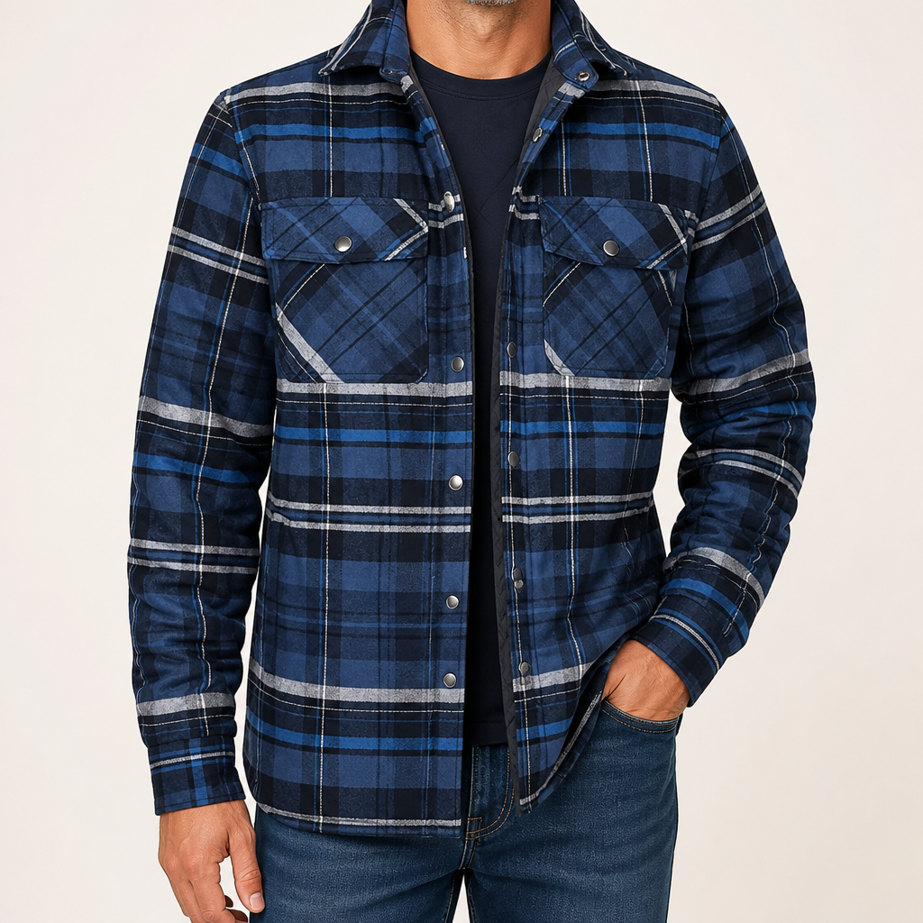 Lincoln | Mens Flannel Plaid Fleece Lined Quilted Winter Shirt Jacket, Navy Blue Quilted