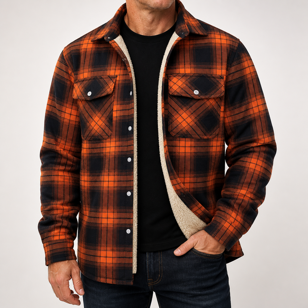 Lincoln | Mens Flannel Plaid Fleece Lined Quilted Winter Shirt Jacket, Orange Fleece Lined