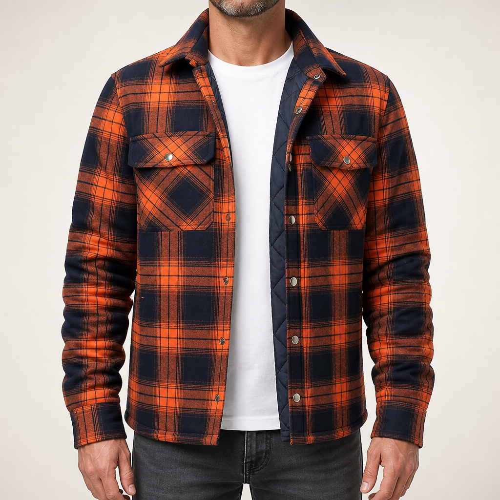 Lincoln | Mens Flannel Plaid Fleece Lined Quilted Winter Shirt Jacket, Orange Quilted