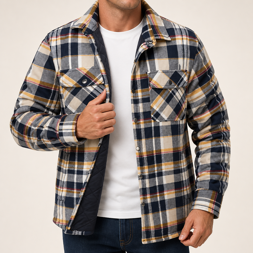 Lincoln | Mens Flannel Plaid Fleece Lined Quilted Winter Shirt Jacket, Khaki Quilted