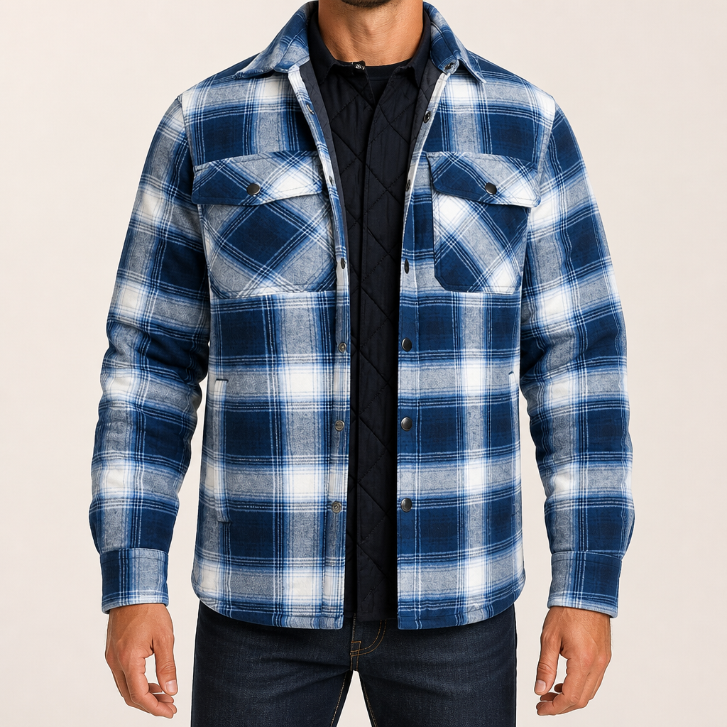 Lincoln | Mens Flannel Plaid Fleece Lined Quilted Winter Shirt Jacket, Sky Blue Quilted