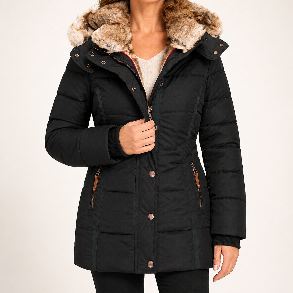 Linnea | Womens Parka Coat Fur Collar Padded Warm Winter Coat, Black