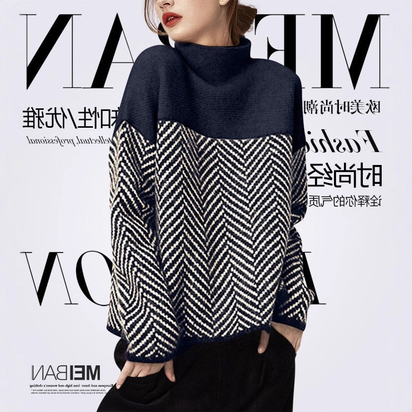 Linnea | Womens Striped Turtleneck Knitted Oversized Jumper - 4