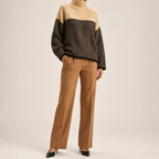 Linnea | Womens Striped Turtleneck Knitted Oversized Jumper, Khaki