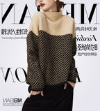 Linnea | Womens Striped Turtleneck Knitted Oversized Jumper - Khaki