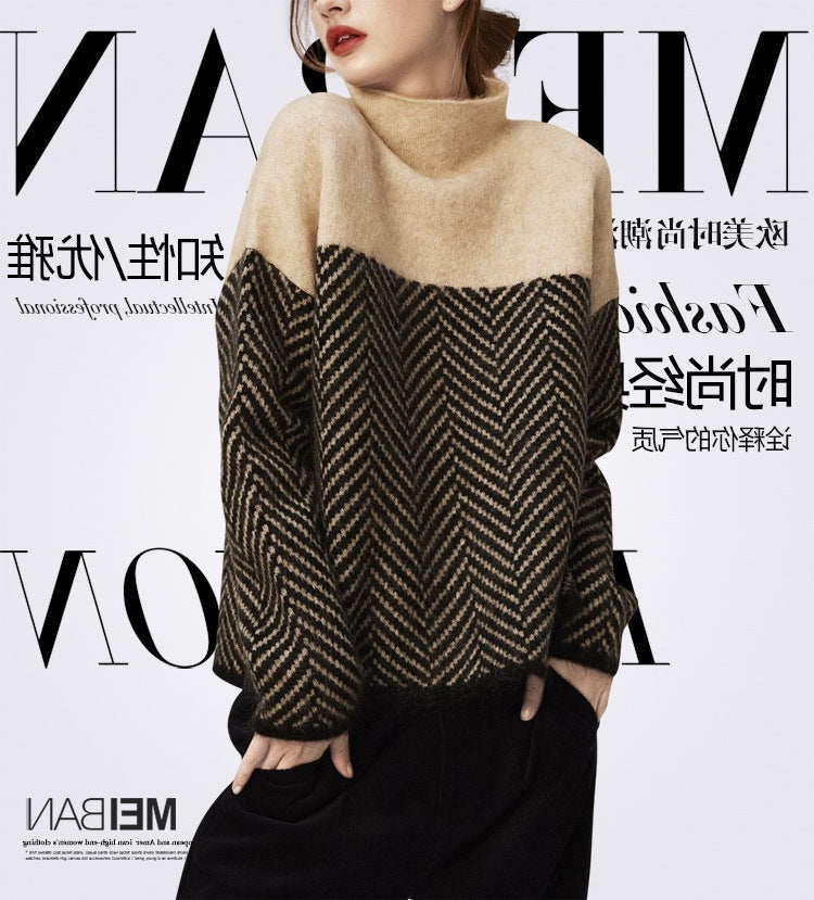 Linnea | Womens Striped Turtleneck Knitted Oversized Jumper - Khaki