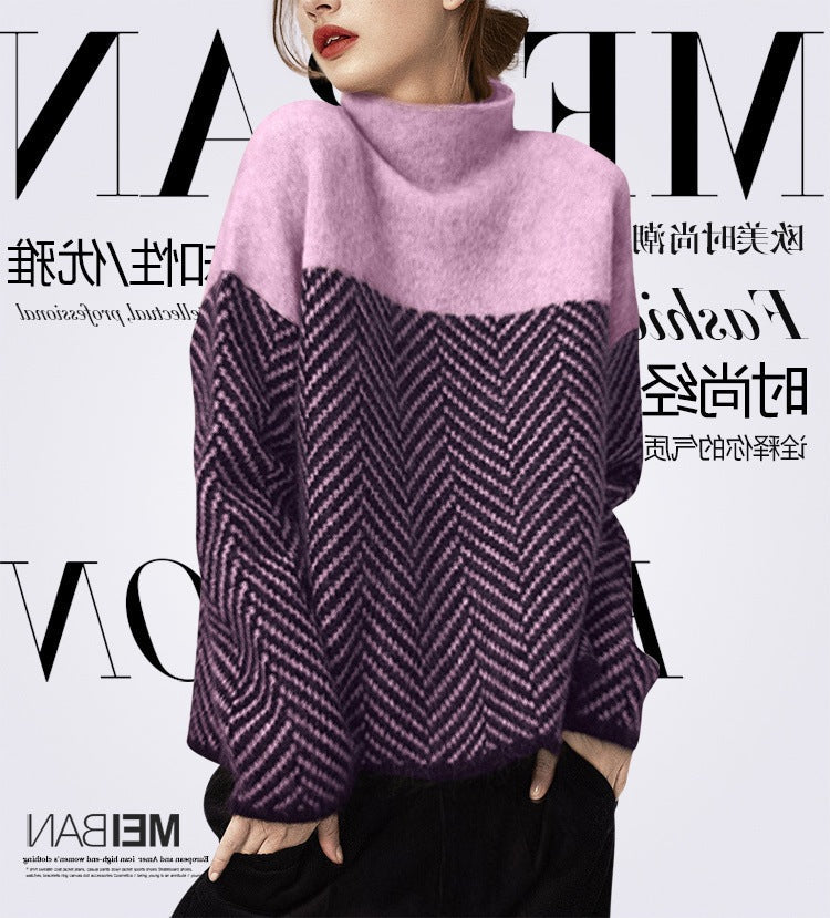 Linnea | Womens Striped Turtleneck Knitted Oversized Jumper - Purple