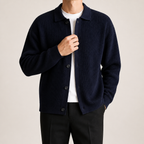 Lysander | Mens Cardigan Knitted Collared Casual Loose Shirt Jacket, Navy Blue