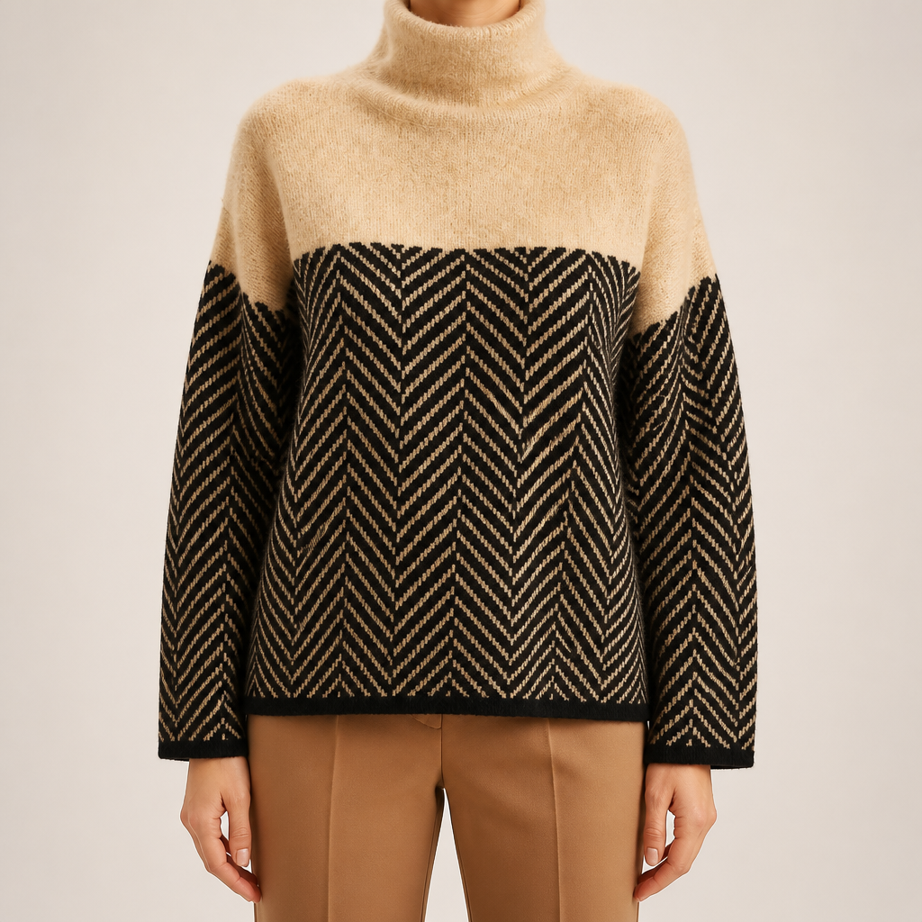 Macy | Womens Oversized Turtleneck Sweater Striped Thick Knit Pullover, Khaki