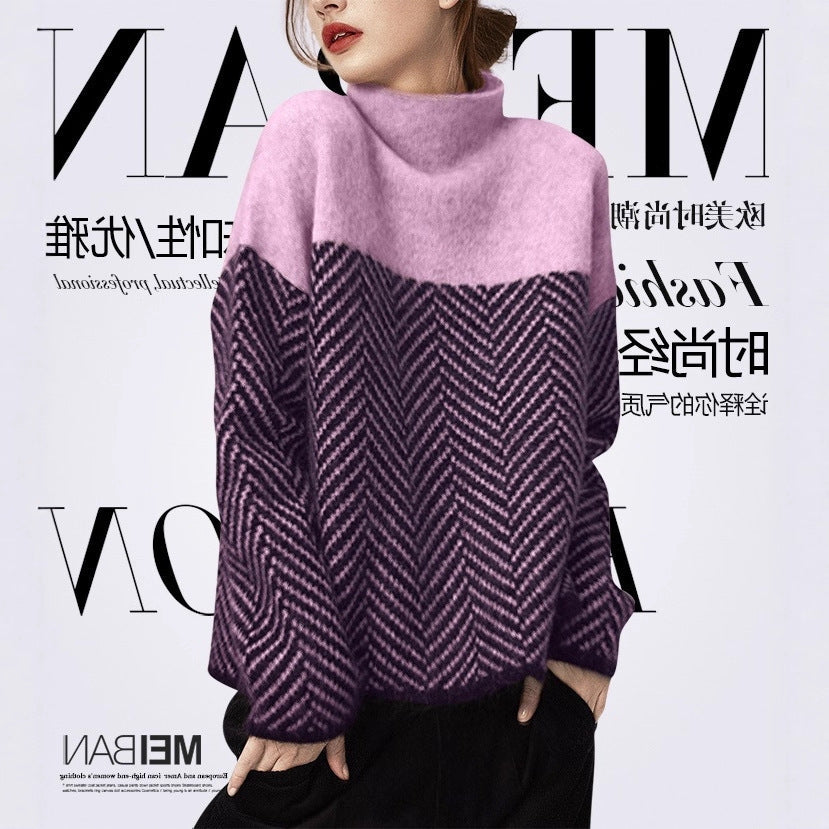 Macy | Womens Oversized Turtleneck Sweater Striped Thick Knit Pullover