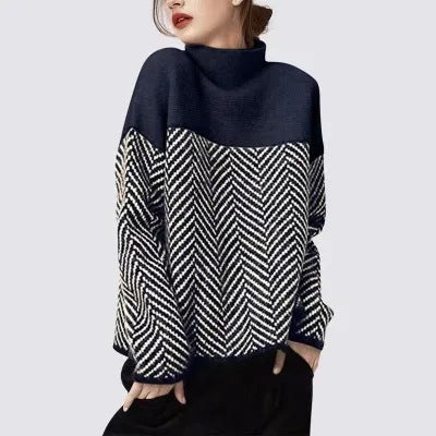 Macy | Womens Oversized Turtleneck Sweater Striped Thick Knit Pullover