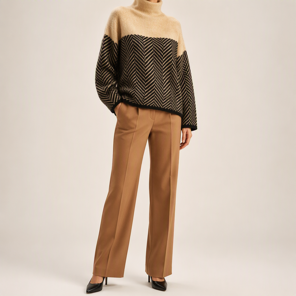 Macy | Womens Oversized Turtleneck Sweater Striped Thick Knit Pullover, Khaki
