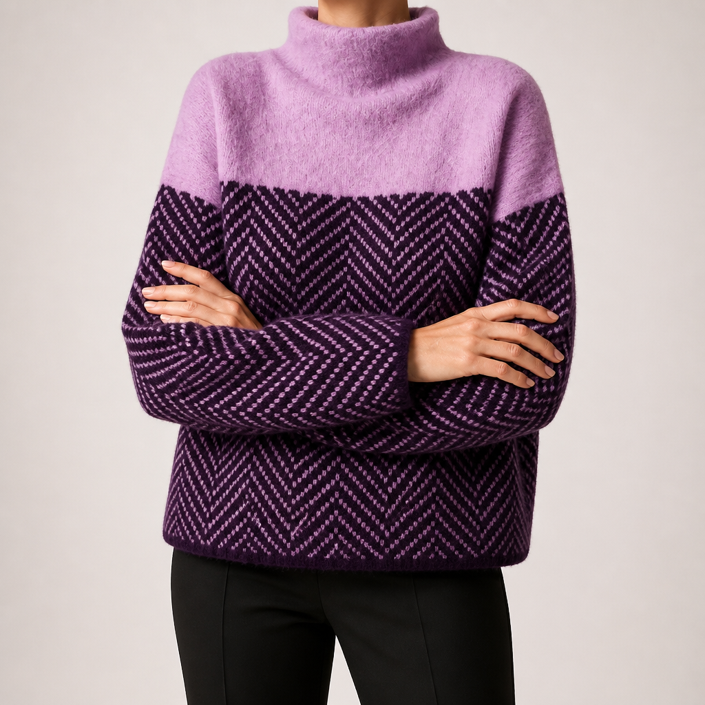 Macy | Womens Oversized Turtleneck Sweater Striped Thick Knit Pullover, Purple