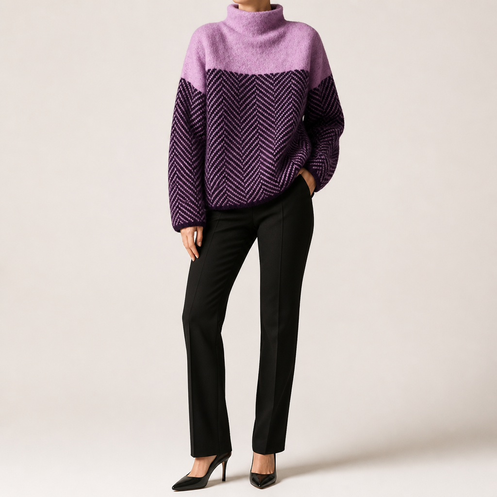 Macy | Womens Oversized Turtleneck Sweater Striped Thick Knit Pullover, Purple