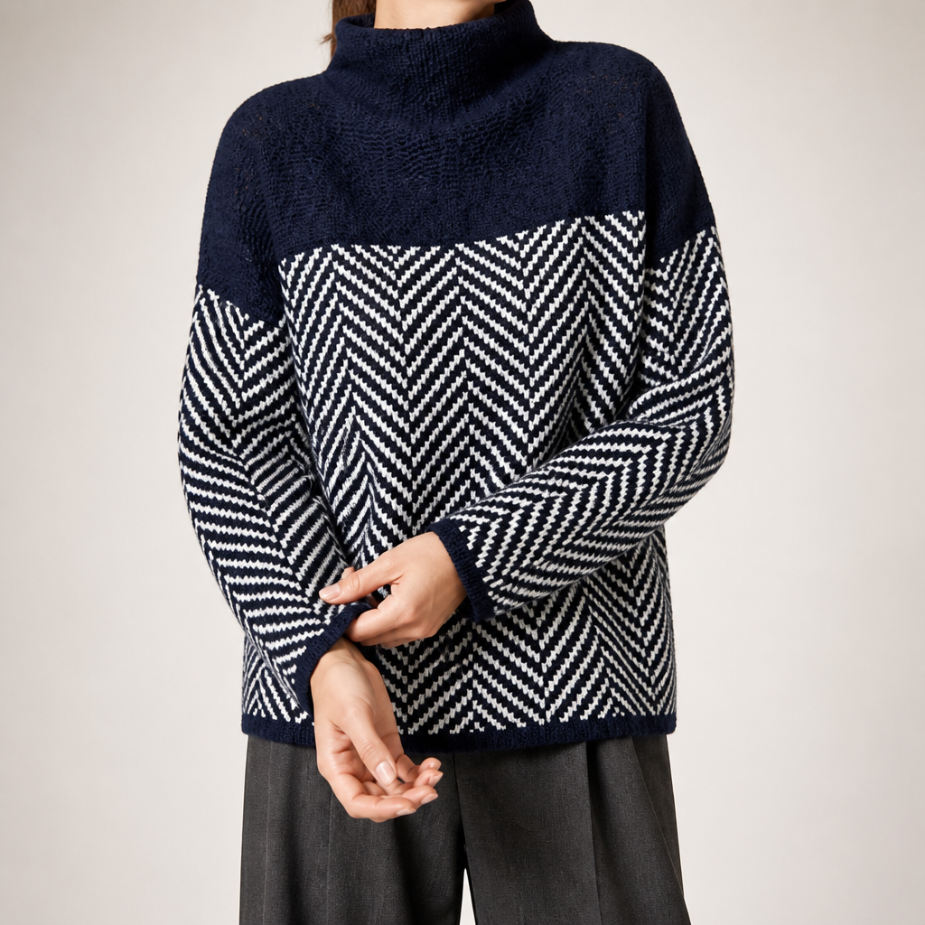 Macy | Womens Oversized Turtleneck Sweater Striped Thick Knit Pullover, Navy Blue