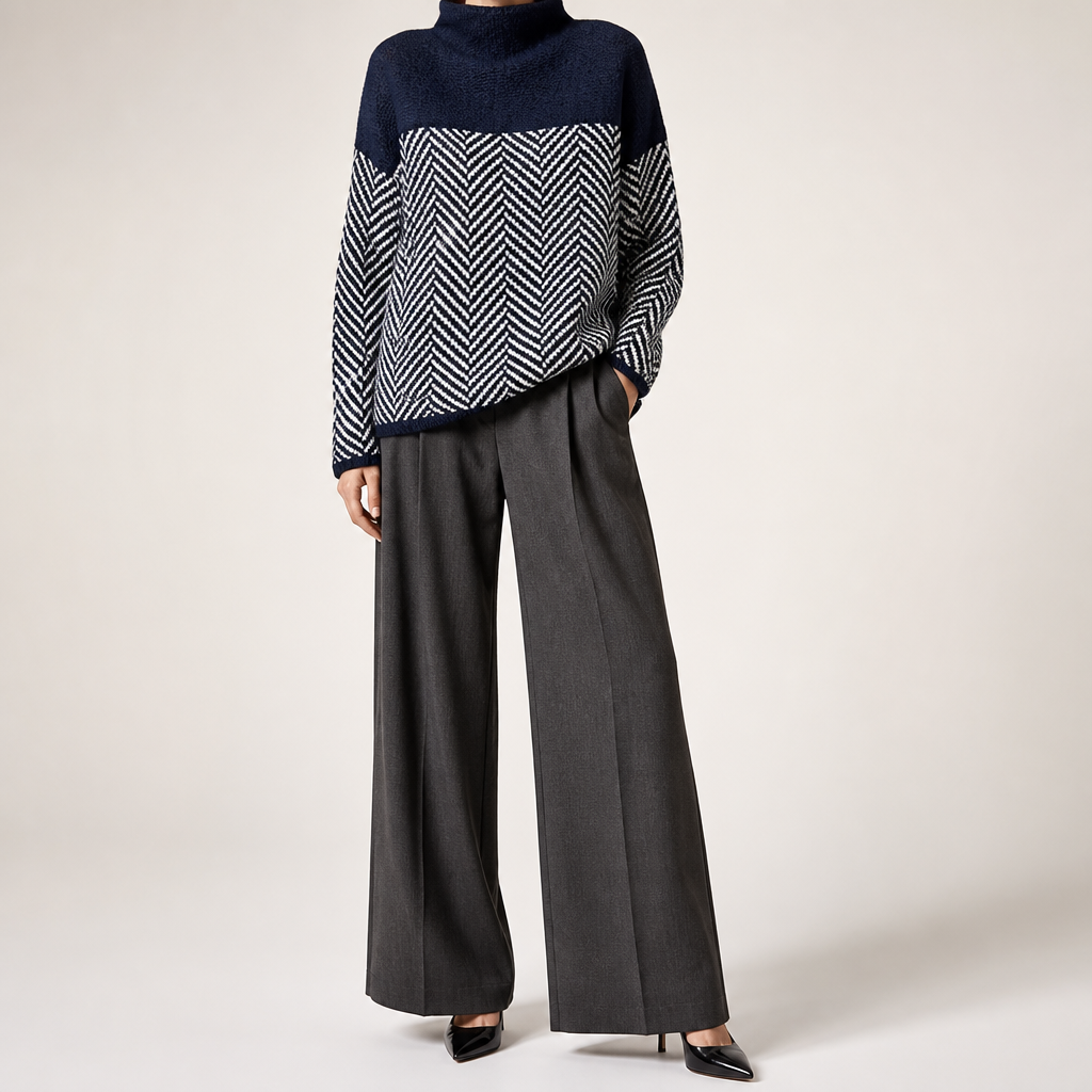 Macy | Womens Oversized Turtleneck Sweater Striped Thick Knit Pullover, Navy Blue