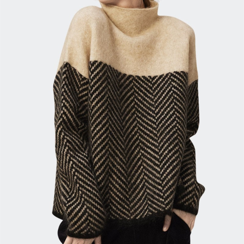 Macy | Womens Oversized Turtleneck Sweater Striped Thick Knit Pullover