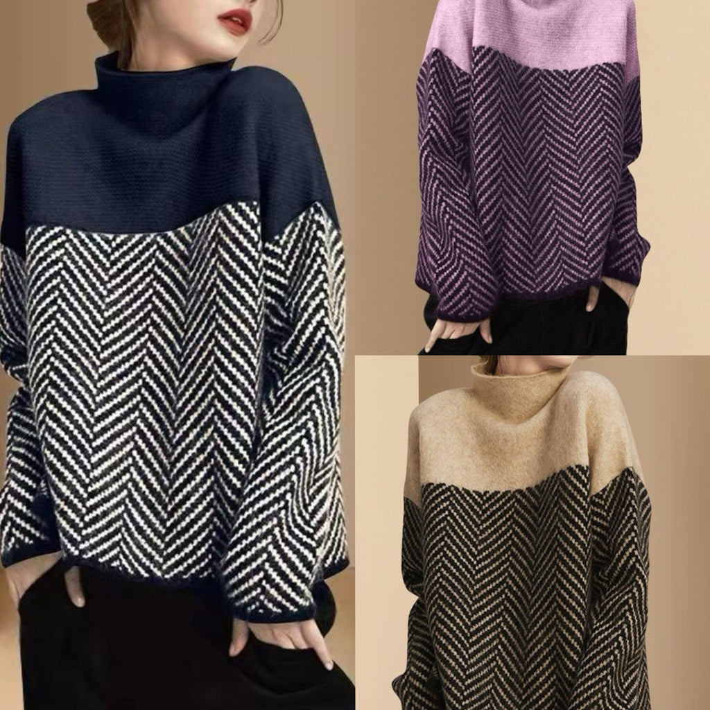 Macy | Womens Oversized Turtleneck Sweater Striped Thick Knit Pullover