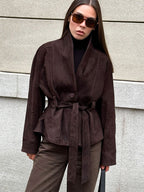 Maeve | Womens Belted Longline Faux Suede Winter Autumn Brown Light Jacket - 1
