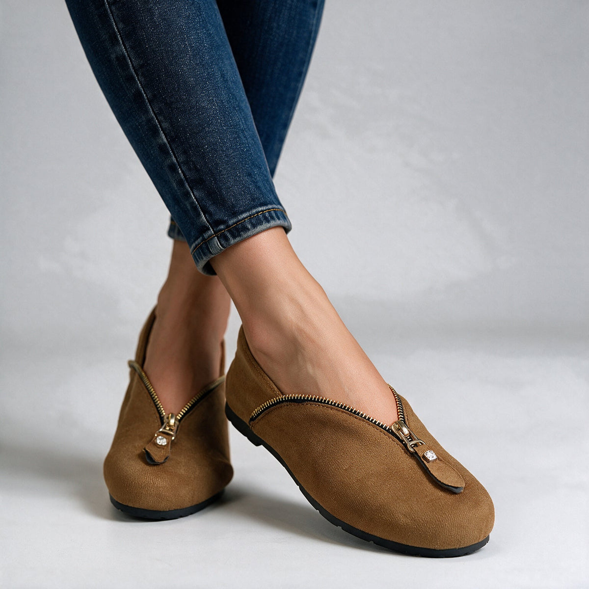 Eleanor Comfy Zip Flats in brown