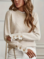 Maisie | Womens Lace Trim Crew Neck Knit Sweater, Apricot