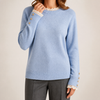 Maisie | Womens Lace Trim Crew Neck Knitted Jumper, Sky Blue