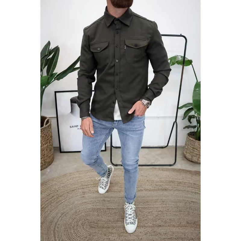 Malcolm | Mens Slim Fit Long Sleeve Button Up Non Iron Overshirt Shirt Jacket, Army Green