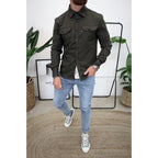 Malcolm | Mens Slim Fit Long Sleeve Button Up Non Iron Overshirt Shirt Jacket, Army Green