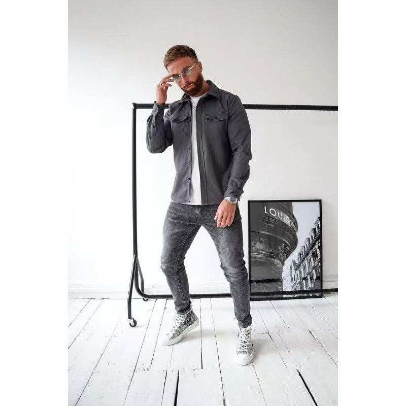 Malcolm | Mens Slim Fit Long Sleeve Button Up Non Iron Overshirt Shirt Jacket, Dark Grey