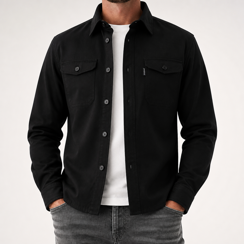Malcolm | Mens Slim Fit Long Sleeve Button Up Non Iron Overshirt Shirt Jacket, Black