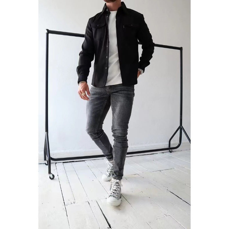 Malcolm | Mens Slim Fit Long Sleeve Button Up Non Iron Overshirt Shirt Jacket, Black