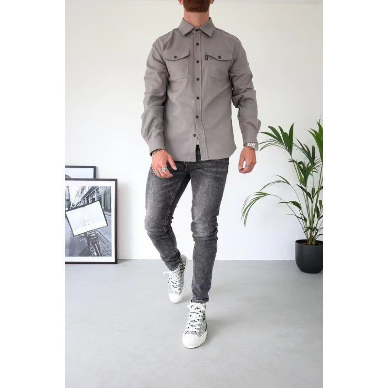 Malcolm | Mens Slim Fit Long Sleeve Button Up Non Iron Overshirt Shirt Jacket, Light Grey