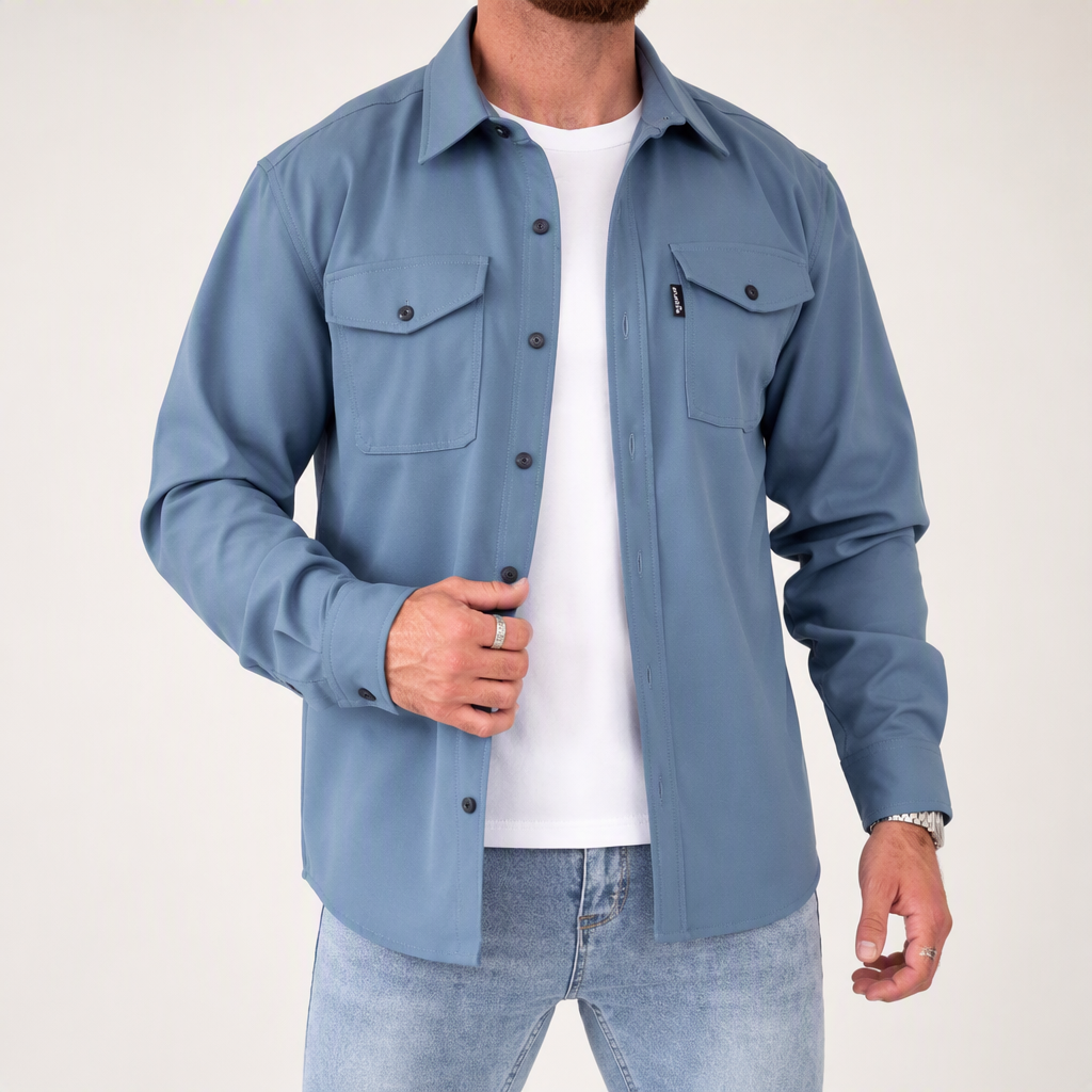 Malcolm | Mens Slim Fit Long Sleeve Button Up Non Iron Overshirt Shirt Jacket, Lake Blue