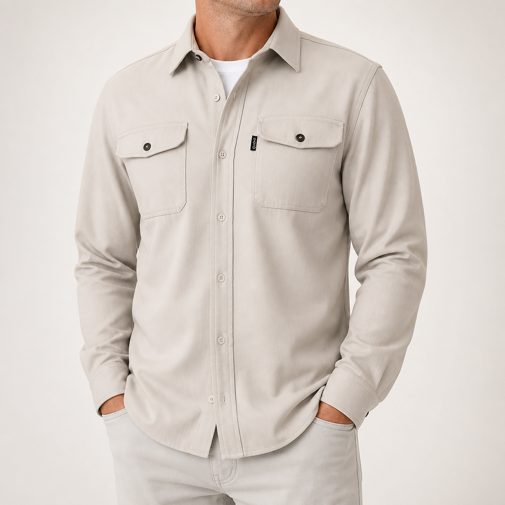 Malcolm | Mens Slim Fit Long Sleeve Button Up Non Iron Overshirt Shirt Jacket, Light Apricot