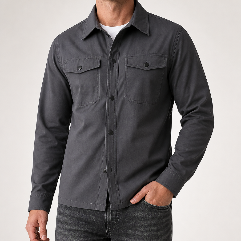 Malcolm | Mens Slim Fit Long Sleeve Button Up Non Iron Overshirt Shirt Jacket, Dark Grey