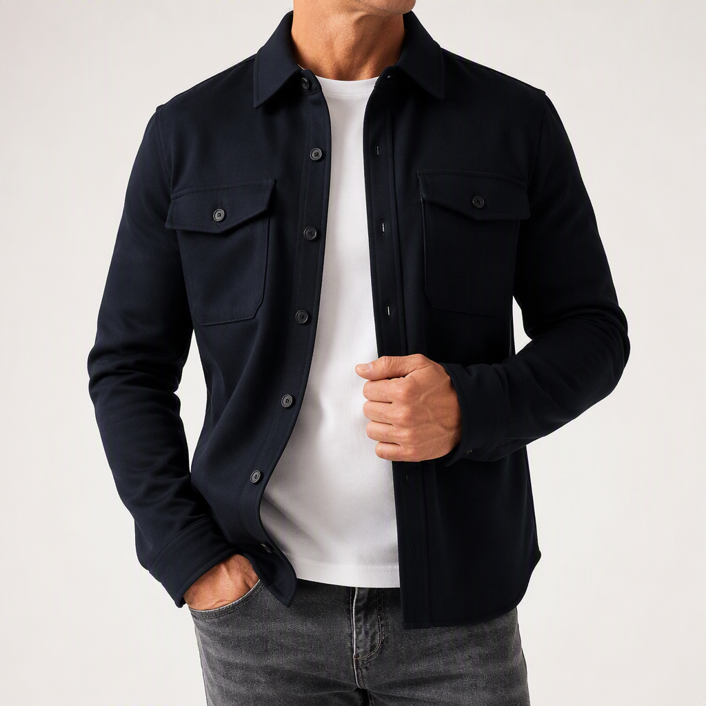 Malcolm | Mens Slim Fit Long Sleeve Button Up Non Iron Overshirt Shirt Jacket, Dark Blue