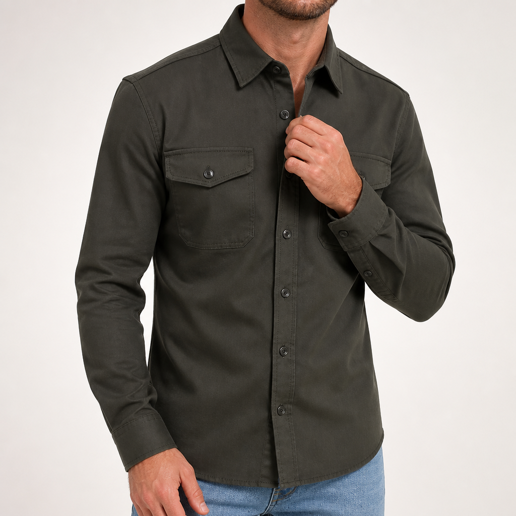 Malcolm | Mens Slim Fit Long Sleeve Button Up Non Iron Overshirt Shirt Jacket, Army Green
