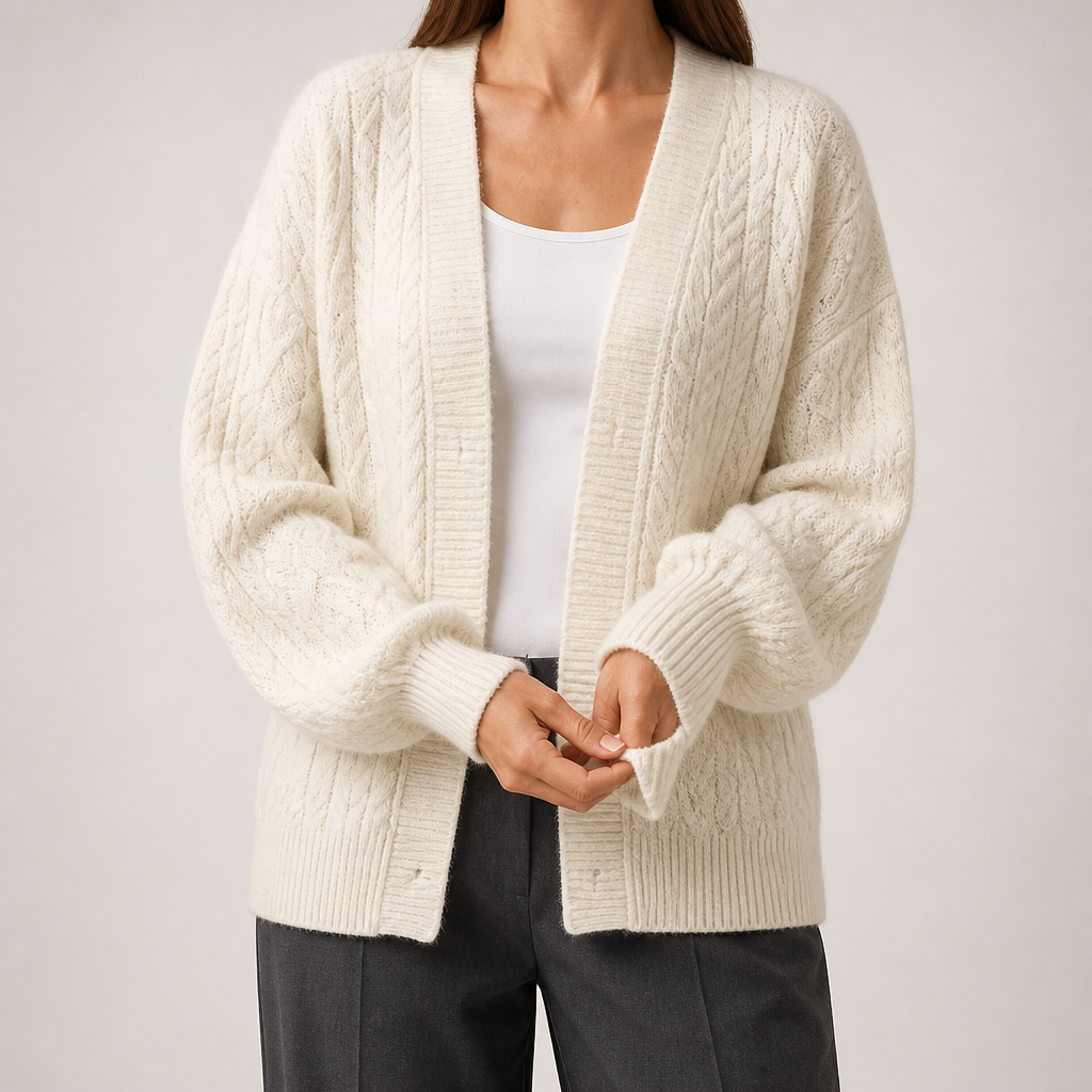 Marcella | Womens Chunky Cable Knit Wool Blend Cardigan Sweater, Cream White