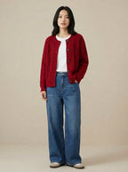 Marcella | Womens Chunky Cable Knit Wool Blend Cardigan Sweater, Red
