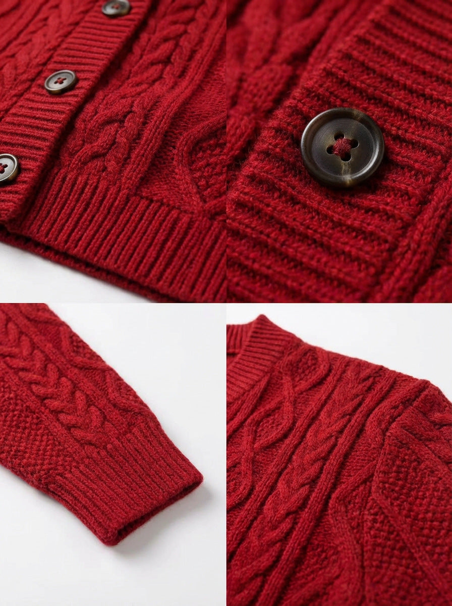 Marcella | Womens Chunky Cable Knit Wool Blend Cardigan Sweater, Red
