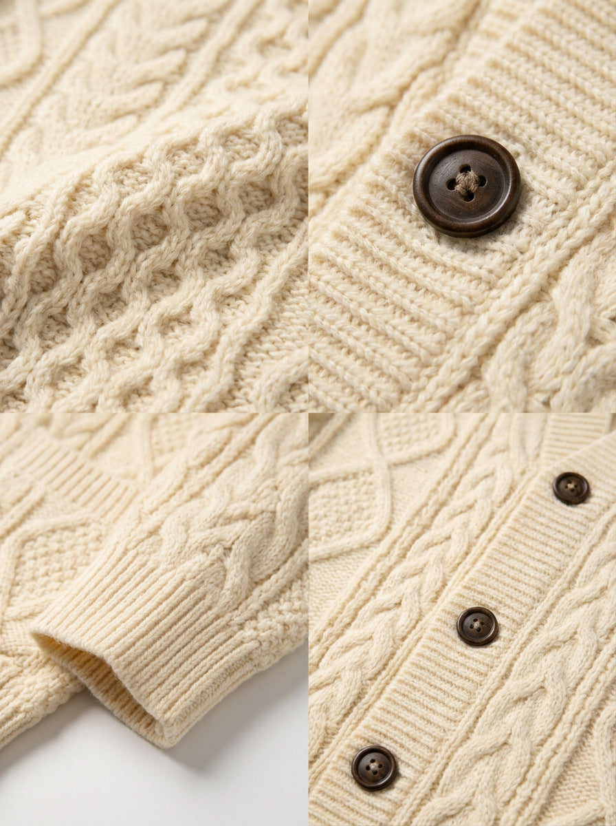 Marcella | Womens Chunky Cable Knit Wool Blend Cardigan Sweater, Cream White