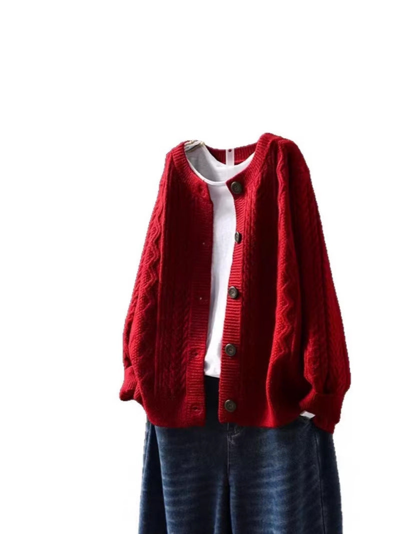 Marcella | Womens Chunky Cable Knit Wool Blend Cardigan Sweater, Red