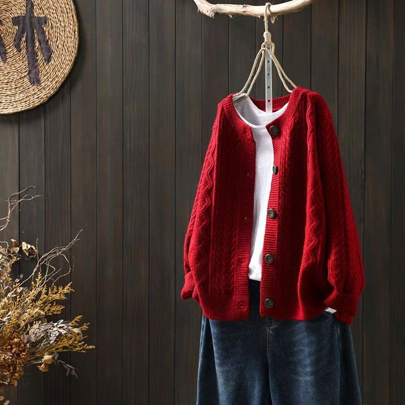 Marcella | Womens Chunky Cable Knit Wool Blend Cardigan Sweater, Red