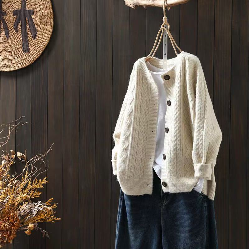 Marcella | Womens Chunky Cable Knit Wool Blend Cardigan Sweater, Cream White