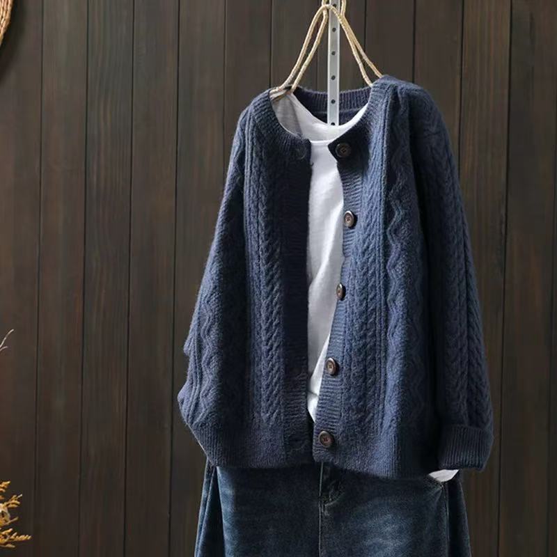 Marcella | Womens Chunky Cable Knit Wool Blend Cardigan Sweater, Navy Blue